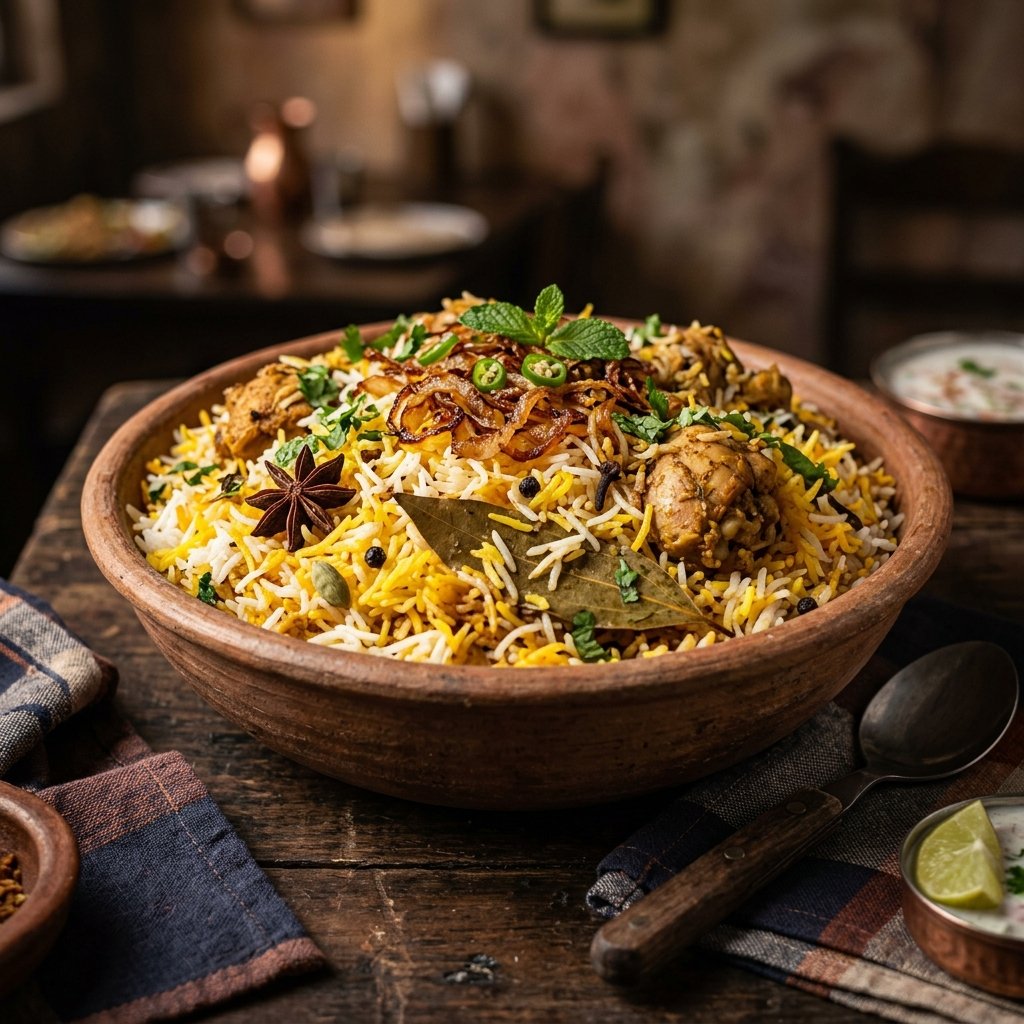 A clay bowl of Pakistani chicken biryani — saffron-tinted basmati rice with whole spices, caramelized onions and fresh mint