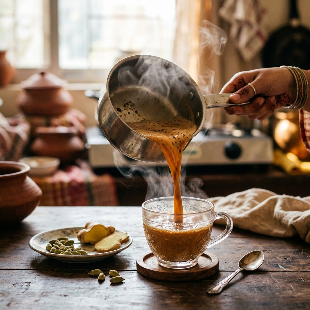 Doodh patti chai being poured into a vintage glass cup with steam rising, cardamom pods and ginger visible nearby