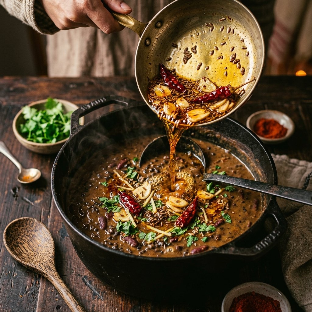 Tarka daal in a cast iron pan with golden ghee tarka being poured over, cumin seeds and dried red chilies sizzling in the oil