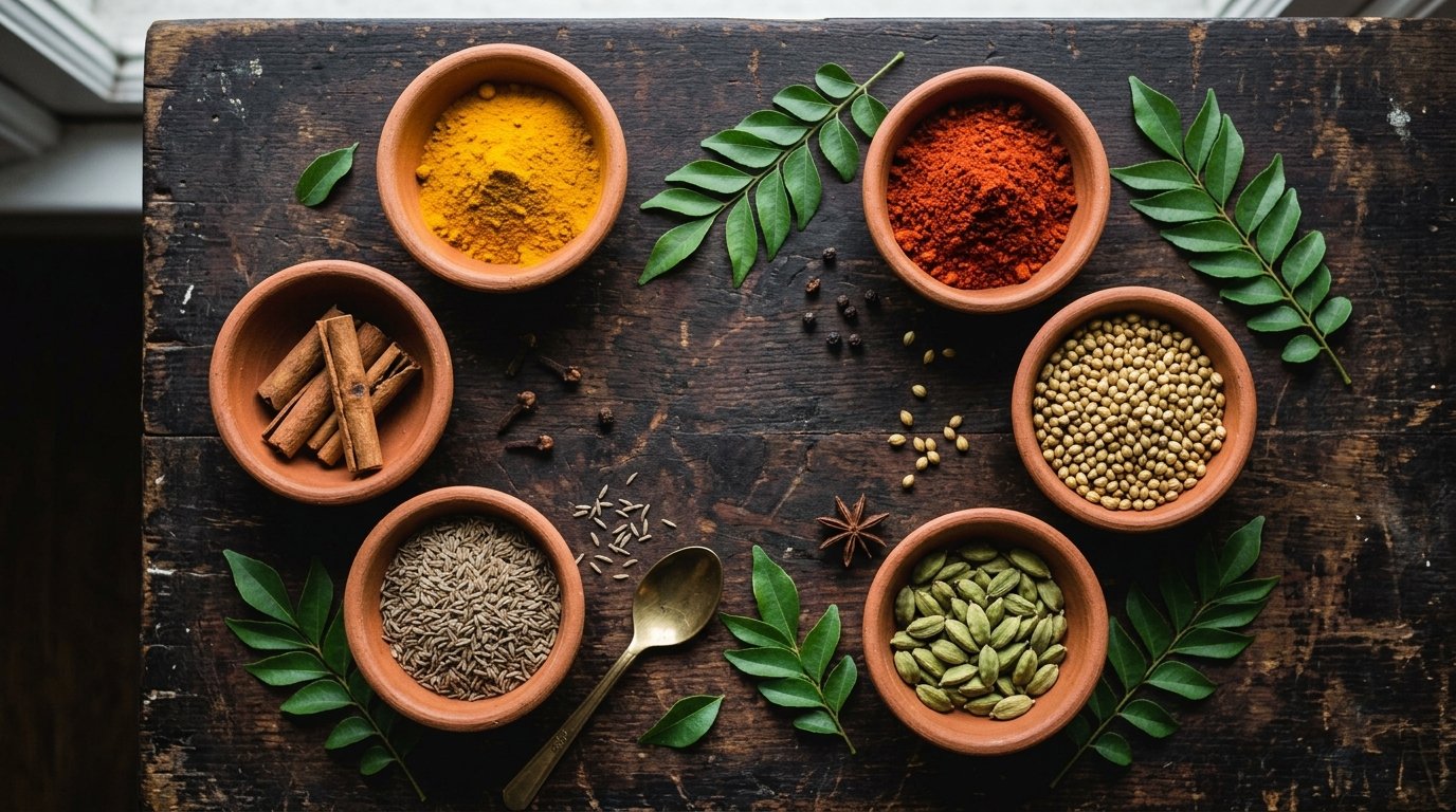 Overhead flat lay of Pakistani spices in clay bowls — turmeric, red chili, cardamom, cumin and cinnamon on dark wood